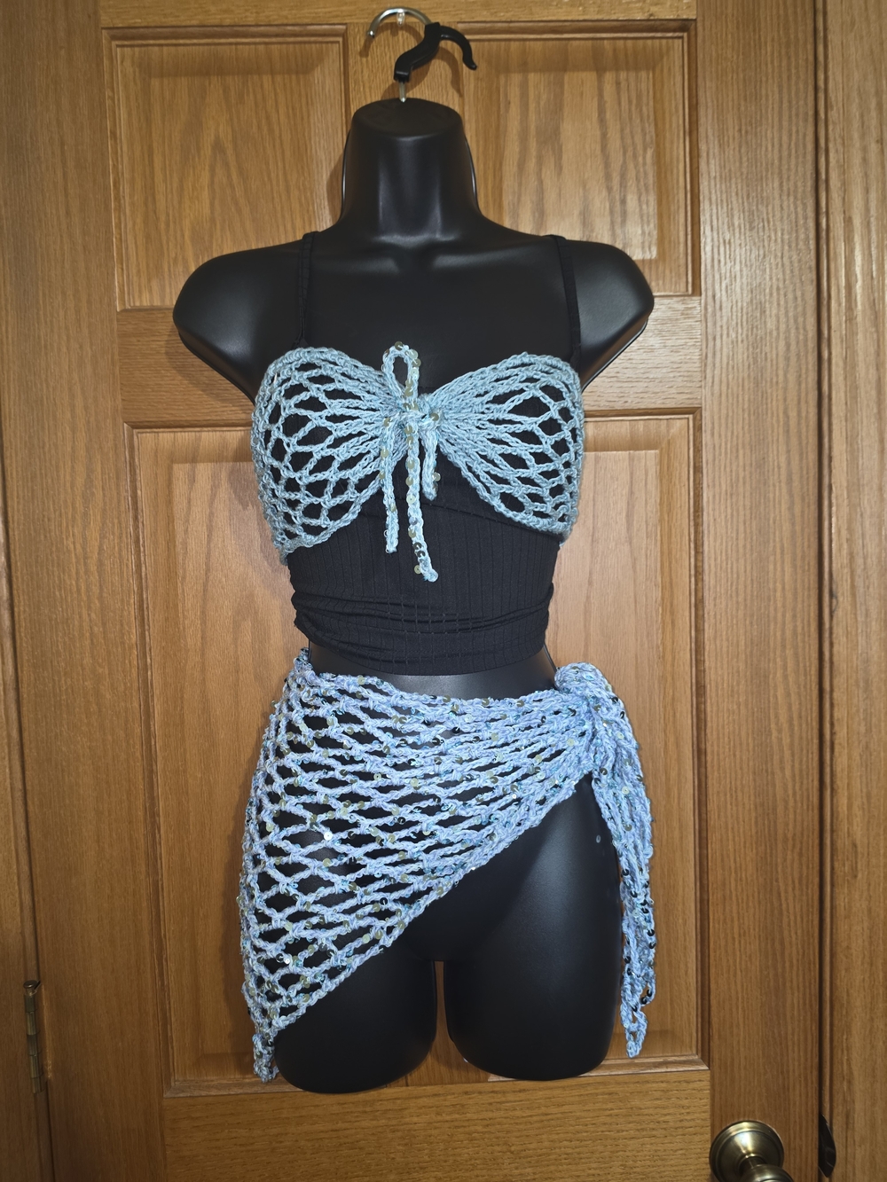 Handmade Blue/Green Crochet Bikini Top & Sarong Set, One Size